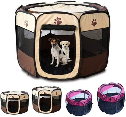 "Ultimate Portable Pet Playpen: Foldable, Indoor/Outdoor Dog Playpen with Mesh Shade Cover - Perfect for Puppies, Dogs, Cats, and Rabbits (S: 28"*28"*18", Brown)"