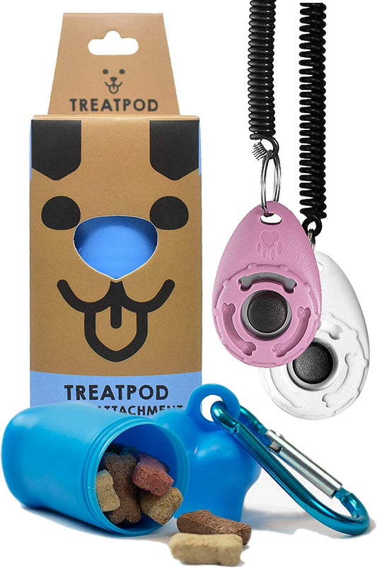 "Ultimate Training Bundle: Leash Treat Holder and Clickers with Wrist Straps - Convenient, Portable, and Stylish (White/Pink)"
