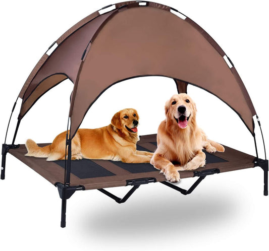 "Ultimate Outdoor Retreat for Your Furry Friend - Portable Elevated Pet Cot with Canopy, Ideal for Camping or Beach, Removable and Durable, Breathable Cooling Outdoor Dog Bed, Large Size in Stylish Brown"