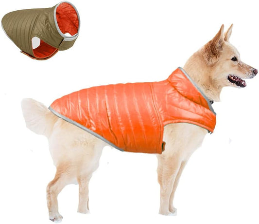 "Stay Warm and Stylish with Our Reversible Waterproof Dog Coat - Perfect for Cold Weather Adventures! (Orange&Brown,Xs)"